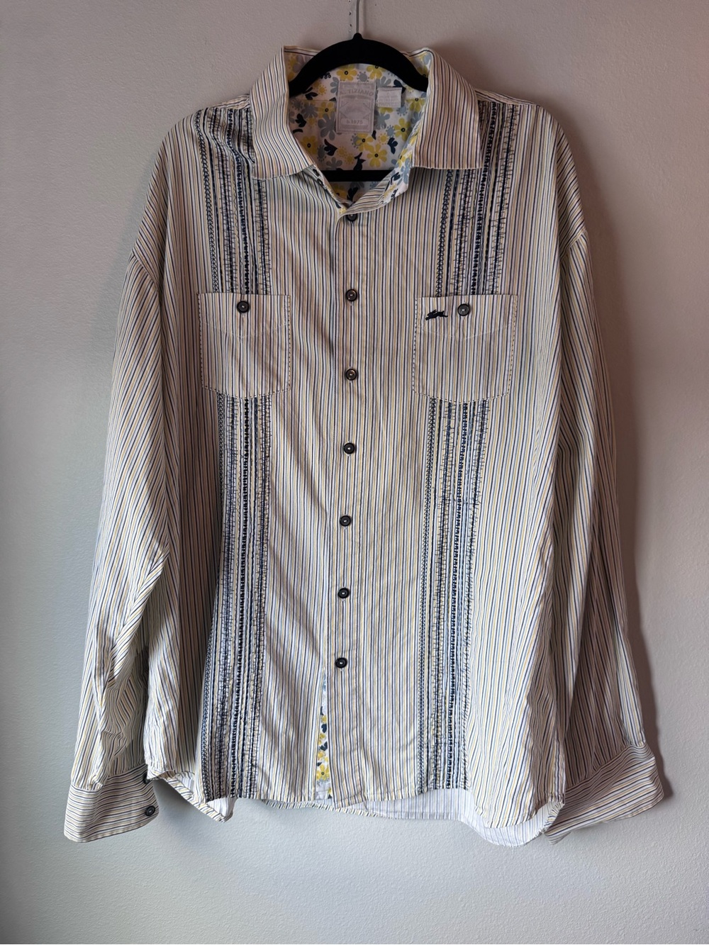 Men's Striped Button-Up Shirt - White with Navy Accents